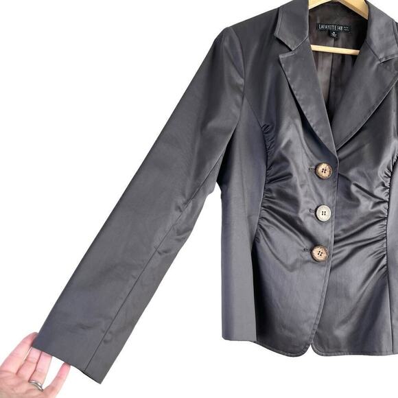 Lafayette 148 New York Satin Ruched Blazer‎ Wooden Button Front Jacket Brown, 10 - Picture 6 of 10
